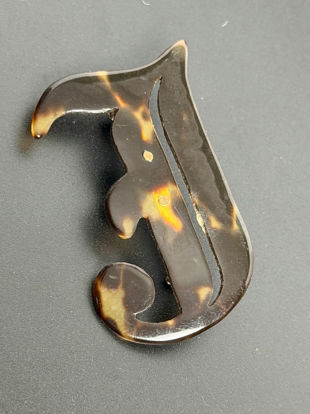 Letter J Monogram Tortoise Brooch Pin Vintage Celluloid Lucite Initial J